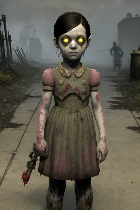 masterpiece, best quality, 1girl, lilsis, dirty, blood, muddy dress, black hair, dress, horror \(theme\), solo, yellow eyes, dark, yellow sclera, glowing eyes, creepy, dirty water, sewer background <lora:LittleSister:1>