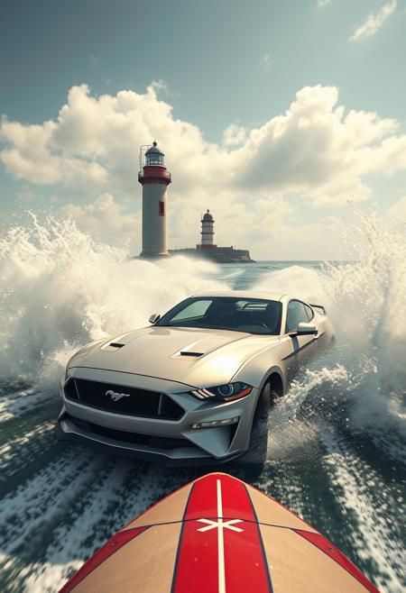 silver perl color ford mustang surfing on huge ocean waves, sunny weather,  water splashes, silver perl color ford mustang sport drifting on waves around a lighthouse in the middle of the sea, view like gta games FPV