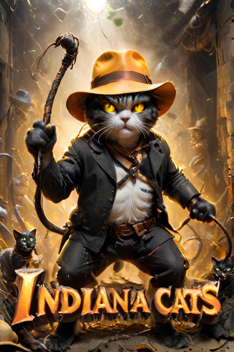A cartoon cat in a cowboy hat holding a whip on a poster.