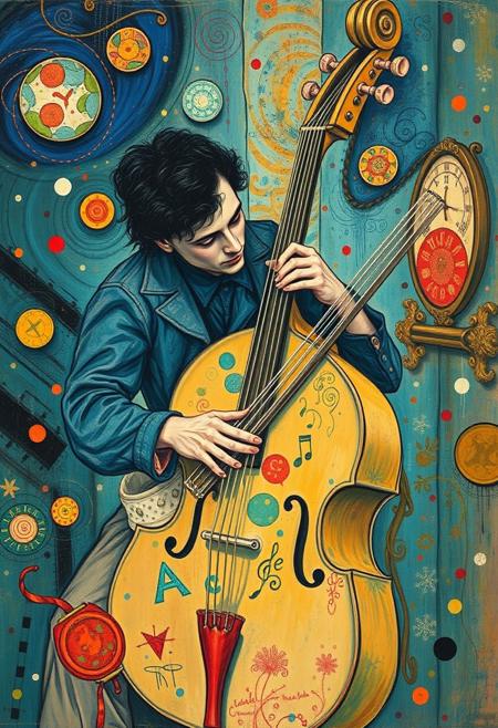 "Marc Chagall octocore, fusepunk, petrol colored, mucical instrument , illusion,  limitless, pale, chaotic, mucical notes , ultra detailed, cinematic  "