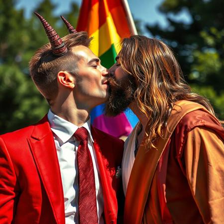 2 happy men kissing each other, sunny, outdoors, there is a rainbow colored flag just behind them, (two men kissing:1.1), realistic photo masterpiece, high quality, detailed, gay,
BREAK,
The man on the left is attractive and well dressed in an expensive red suit and tie, the man on the left has goat horns at his temples, the man on the left has nice hair, the man on the left has a mustache and goatee but no other facial hair, the man on the left is cosplaying as the devil,
BREAK,
the man on the right is the typical depiction of jesus christ, The man on the right has long brown hair and a full beard, the man on the right is wearing a white robe and brown sash, 
BREAK
The two men are in love, happy, (gay pride, rainbow flag:1.2)