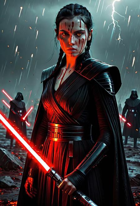 A beautiful Dark Sith lord with braided black hair Standing on the a bloody battlefield. Her black Sith robe are intricately detailed and reflecting flickering light, Star Wars style, The light of battle illuminates her determined expression as she prepares to face the dark enemy, (holding the Red Lightsaber in his hand: 1.5), Close up. Star Wars art style, Standing on a battlefield at the head of an army of Dark Siths where a bloody slaughter is taking place, (standing in a vigorous pose: 1.3), (direct eye contact: 1.3), whole athletic body, cinematic lightning, intricately detailed black and red Sith robe, The scene is reminiscent of a Greg Rutkowski concept art piece, realstic brown eyes, realistic freckled pale face covered in blood, with dramatic lighting and a dark, curvy, looking at viewer, gritty atmosphere, Ultra-detailed, Raytracing reflections, High contrast, beautiful Dark Sith lord, beautiful firm body, girl athletic figure, (very pale face: 1.3), oranges, and greens, attractive 21 years old woman, cinematic lightning, Cinematic film still, Medium shot. Best quality, Masterpiece, The scene is reminiscent of a Greg Rutkowski concept art piece, realistic pale face covered in blood, with dramatic lighting and a dark, gritty atmosphere, asymmetrical balance, adding to the intense and dynamic atmosphere of the scene