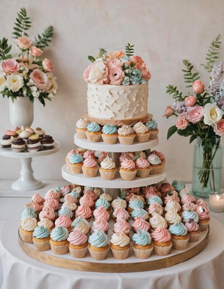 A modern dessert bar showcasing a variety of gourmet cupcakes with intricate frosting designs, macarons in pastel colors, and a tiered cake topped with edible flowers.