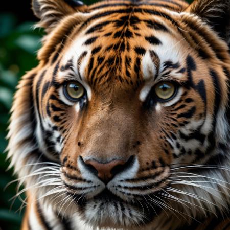 face portrait from a tiger, RAW candid cinema, 16mm, color graded portra 400 film, remarkable color, ultra realistic, textured skin, remarkable detailed pupils, realistic dull skin noise, visible skin detail, skin fuzz, dry skin, shot with cinematic camera, high quality photography, 3 point lighting, flash with softbox, 4k, Canon EOS R3, hdr, smooth, sharp focus, high resolution, award winning photo, 80mm, f2.8, bokeh