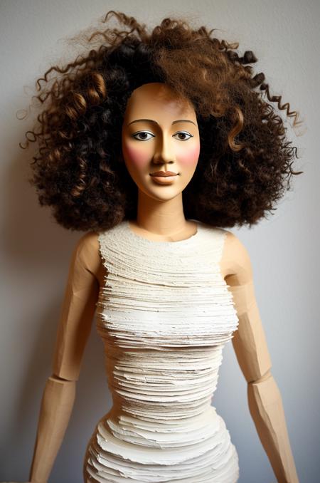 paper mache representation of skinny girl with curly hair . 3D, sculptural, textured, handmade, vibrant, fun