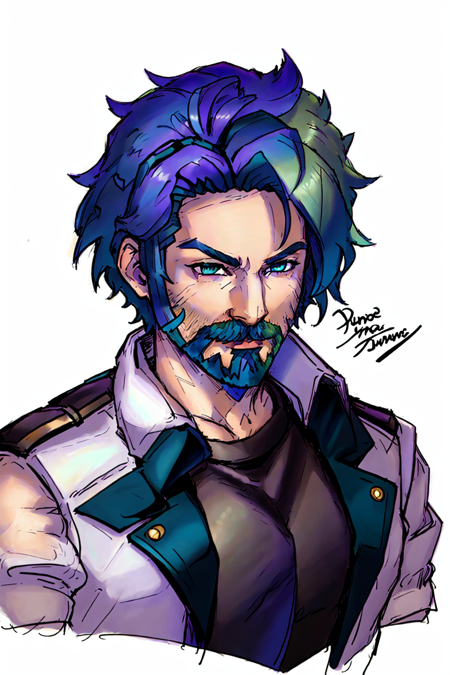 Duskfallcrew Art Style, 1boy, male focus, solo, short hair, blue eyes, two tone hair, gradient hair, green hair, purple hair, facial hair, portrait, bright pupils, beard, mustache, white shirt, black jacket, looking at viewer, white background, simple background, masterpiece, official art <lora:DuskArtV7:1>