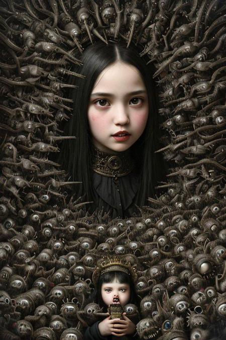 An intricate mixed media artwork depicting a surreal scene of a girl surrounded by a swarm of malevolent anthropomorphic creatures, each with distorted features and sharp teeth, portraying the disturbing mix of innocence and horror. By Mark Ryden.