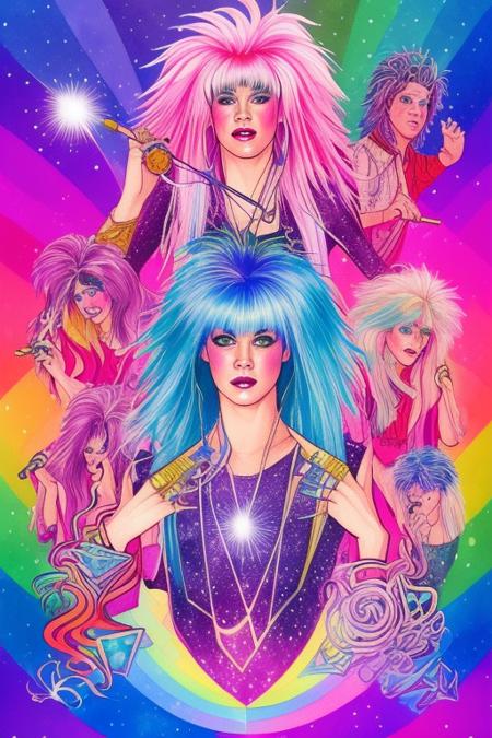 tarot card style, watercolor style,  illustration style, Jem and the Holograms, portrait, 1980s, rainbow hair, Rock star, 1girl, solo, sparkling glitter background, art by artgerm, wlop, ring light,  duskgem