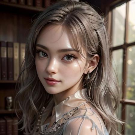 masterpiece, close-up, (upper body), photo-portrait of  cute posh librarian, ethereal, highly detailed face, detailed eyes, (sheer  blouse:1.5), (light smile:0.8), (freckles:0.5), flowing platinum grey hair, sexy pose, volumetric lighting, soft light, indirect strong light from back, sunset