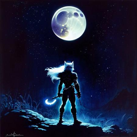 savage nature child , deep shadows, glowing stars, night moon, translucent lighting, white wolf spirits, by Frank Frazetta