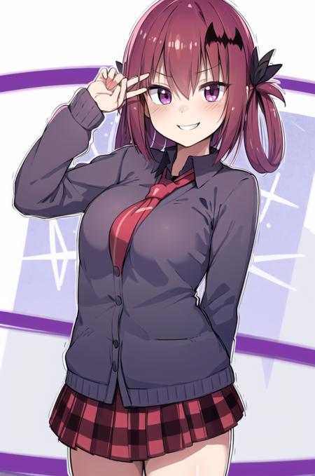 masterpiece, best quality, school,  purple eyes, wicked smile,  <lora:satania:0.8>