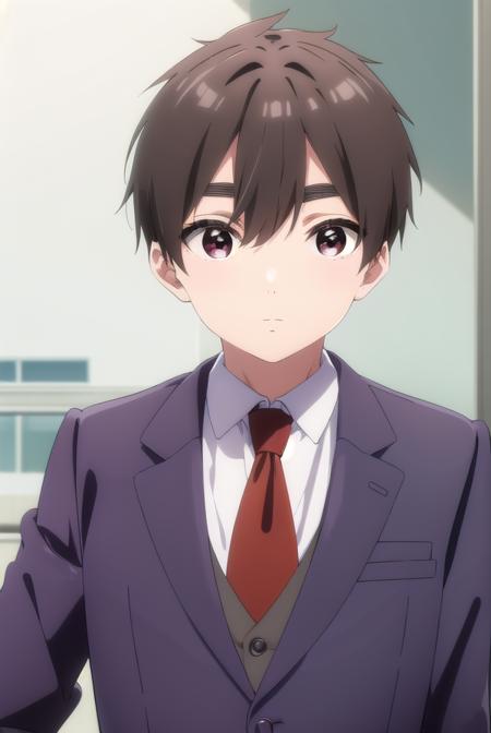 rentarouaijou, <lora:rentarou aijou s1-lora-nochekaiser:1>,
rentarou aijou, black hair, (brown eyes:1.3), thick eyebrows, short hair, hair between eyes,
BREAK school uniform, necktie, formal, suit, red necktie,
BREAK indoors, classroom,
BREAK looking at viewer, (cowboy shot:1.5),
BREAK <lyco:GoodHands-beta2:1>, (masterpiece:1.2), best quality, high resolution, unity 8k wallpaper, (illustration:0.8), (beautiful detailed eyes:1.6), extremely detailed face, perfect lighting, extremely detailed CG, (perfect hands, perfect anatomy),