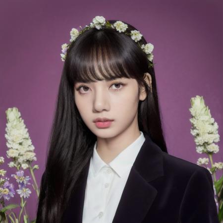 1girl, solo, (floating hair:1.3), (8k, best quality, masterpiece, ultra highres:1.3) Photo of Pretty Girl Named lisa, detailed eyes, detailed iris, (detailed_face), (looking at viewer:1.4), (passport photo:1.3), (medium full shot:1.2), (closed mouth:1.1), beautiful face, beautiful expression, (wearing fluffy jacket), (flower crown), highres, <lora:sayhello0o-blackpinklisa-2:1>