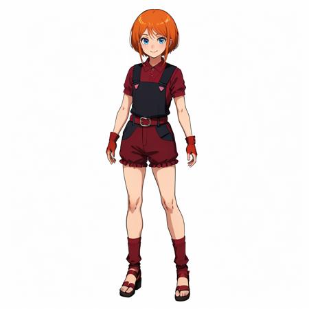 masterpiece,high quality,white background,solo,
<lora:elpeople008:0.5>,smile,
elpeople,1loli,
short hair,orange hair,bangs,short hair with long locks,sidelocks,hair between eyes,blue eyes,
overalls,black vest,pink triangle button,dark red shirt,short sleeves,belt,
single glove,fingerless glove,
dark red short pants,
frills,leg warmers,socks,sandals,
full body,standing,