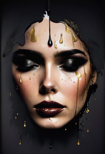 RAW profile photo, close-up, dark atmosphere, crying with tears made of gold, masterpiece, cinematic film still of a blonde beautiful woman, detailed skin, freckles ,eyeliner, dark lipstick, black lace turtleneck dress, tack sharp focus on eyes, Sensual, lustful, seductive,  intricate, ultra detailed, 8k, <lora:MS_DitavT_V1_32:0.6>