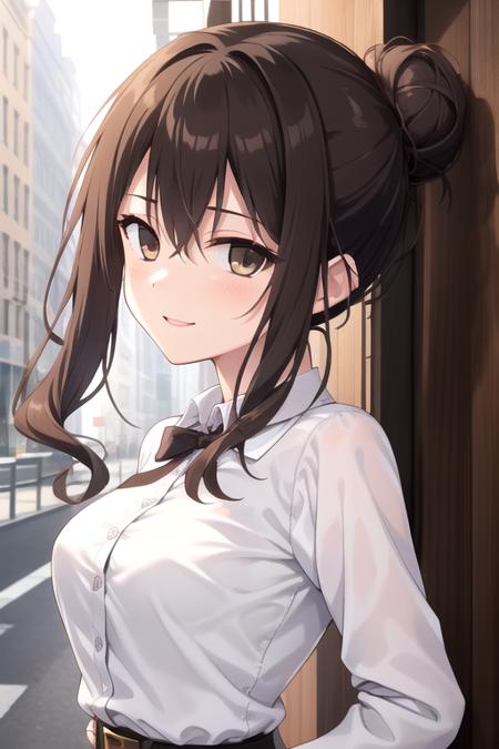 Nase Yaeka brown hair,long wavy hair,single hair bun,hair intakes,sidelocks,hair between eyes,bangs,brown eyes collared shirt,white shirt,large breasts,long sleeves,belt,pencil skirt,black skirt,garter straps,black thighhighs,high heels