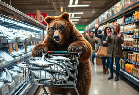 score_9, score_8_up, score_7_up, realistic, photo, high quality, extreme detail, photogenic, (((photorealistic))), best quality, realistic lighting, source_photo, 
a brown bear is in a grocery store pushing a shopping cart, the bear is putting frozen fish into its shopping cart, the shopping cart is full of fish, other grocerie shoppers are waving at the bear, the bear is wearing Groucho glasses, beaglepuss, the other shoppers think the beare is a fellow human because if its disguise, funny, goofy, a little stupid and probably slightly artistic,