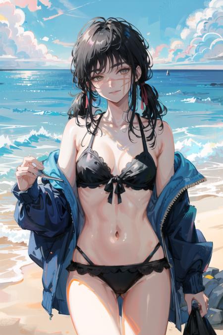 (masterpiece, best quality), illustration,  <lora:yoruchainsawmanv3:1>, yoru, 1girl, long hair, yellow eyes, scar on face, ringed eyes, black bikini, smile, looking at viewer, ocean, low twintails, pastel, hair over shoulder,