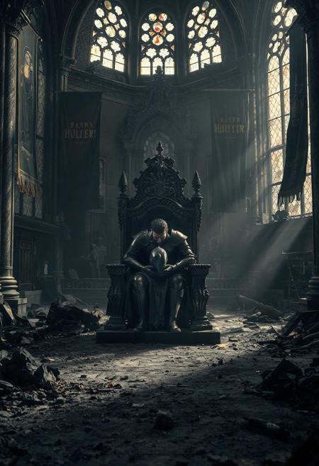 “A dark knight sits alone inside a grand, ruined throne room. The throne is ornate, black and gold, untouched and regal. The knight’s obsidian-black armor gleams like polished marble, yet he sits hunched forward, face buried in his hands, consumed by sorrow. The floor is covered in ash, remnants of destruction and regret. Broken pillars, torn banners, and scattered embers line the room. Faint light filters through cracked stained-glass windows, casting long shadows. The air is thick with dust and silence. It feels like time has stopped. Cinematic 4K, ultra-detailed, dark fantasy, melancholic, gothic architecture, chiaroscuro lighting.”