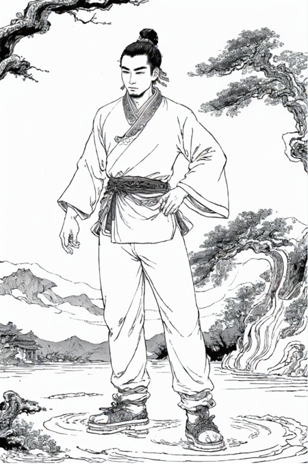 {high quality}, masterpiece, HD, grayscale,  
a man, ancient china, short hair, pants, warps shoe, 
outdoors,
<lora:PAseer的武侠插画V1:0.8> 