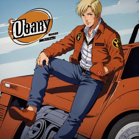 masterpiece,high quality,
<lora:bernardwiseman001:0.7>,
bernardwiseman,1boy,
blonde hair,green eyes,
leather jacket,emblem,badge,logo,collared shirt,open jacket,
jeans,
shoes,