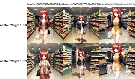 solo, Kagami Sumika, red eyes, red hair, ahoge, jacket, (yellow bow:1.1), walking, supermarket, holding shopping bags, angry, groceries