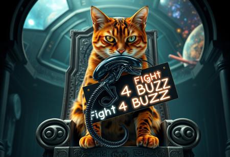 "A majestic Bengal cat with a coat of striking golden marbled fur and vivid black rosettes sits imperiously on a grand, throne-like perch made of intricately carved stone, faintly glowing with mystical symbols. Its eyes are sharp and gleaming with an otherworldly intelligence. The Bengal cat holds an imposing, larger-than-life Xenomorph alien from the movie *Alien* delicately in its mouth. The Xenomorph, with its glossy black exoskeleton, menacing elongated head, and sprawling tail, dangles with a mix of defiance and vulnerability.
Around the cat’s neck hangs a fancy, futuristic cardboard sign that reads ‘Fight 4 Buzz’ in bold, glowing neon letters. The sign is adorned with intricate, holographic designs that pulse rhythmically, adding a high-tech flair. The backdrop features a surreal blend of an eerie, futuristic space station interior merging with a cosmic vista of swirling galaxies and nebulae, creating an atmosphere of grandeur and otherworldly drama."