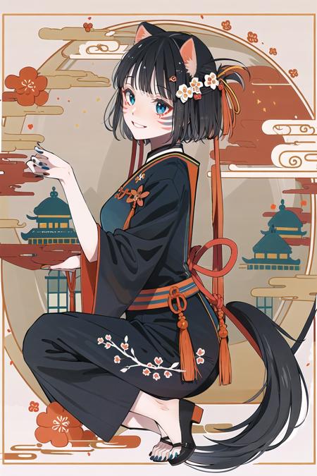 KoiKoi, 1girl, animal ears, solo, tail, flower, black hair, blue eyes, looking at viewer, shimenawa, smile, hair ornament, bangs, paw pose, rope, blue nails, facial mark, year of the dog, tassel, chinese zodiac, full body, from side, kouhaku nawa, dog ears, nail polish
<lora:KoiKoi:1>