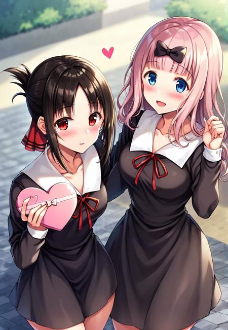 score_9_up, score_8_up, score_7_up, score_6_up, (best quality, high quality, masterpiece:1.4), uncensored, source_anime,  BREAK mature female,2girls, ;d, bangs, black_bow, black_dress, black_hair, blue_eyes, blunt_bangs, blush, bow, breasts, collarbone, collared_dress, dress, eyebrows_visible_through_hair, folded_ponytail, fujiwara_chika, hair_bow, hair_ribbon, heart, heart-shaped_box, holding, long_hair, long_sleeves, looking_at_viewer, multiple_girls, one_eye_closed, open_mouth, parted_bangs, pink_hair, red_eyes, red_ribbon, ribbon, school_uniform, shinomiya_kaguya, short_hair, shuuchiin_academy_uniform, sidelocks, smile, BREAK 
(by Kentaro Miura:1.2), Juicy Details, Overhead lighting, makeup, mascara, long eylashes, narrow waist, wide hips, 
detailed skin, detailed anime, perfect booty, detailed background, sunflare, light particles, cinematic, detailed fabric, muted color,  <lora:3D:1>, <lora:RMSDXL_Photo:3>,