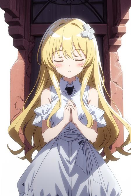 white background,Kisaragi Alice,x hair ornament,white dress,closed eyes, praying, palms together,