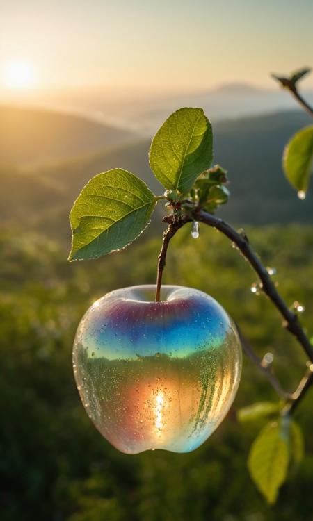 cinematic still a delicate apple made of opal hung on branch in the early morning light, adorned with glistening dewdrops. in the background beautiful valleys, divine iridescent glowing, opalescent textures, volumetric light, ethereal, sparkling, light inside body, bioluminescence, studio photo, highly detailed, sharp focus . emotional, harmonious, vignette, 4k epic detailed, shot on kodak, 35mm photo, sharp focus, high budget, cinemascope, moody, epic, gorgeous, film grain, grainy, a delicate apple made of opal hung on branch in the early morning light, adorned with glistening dewdrops. in the background beautiful valleys, divine iridescent glowing, opalescent textures, volumetric light, ethereal, sparkling, light inside body, bioluminescence, studio photo, highly detailed, sharp focus, elegant, intricate