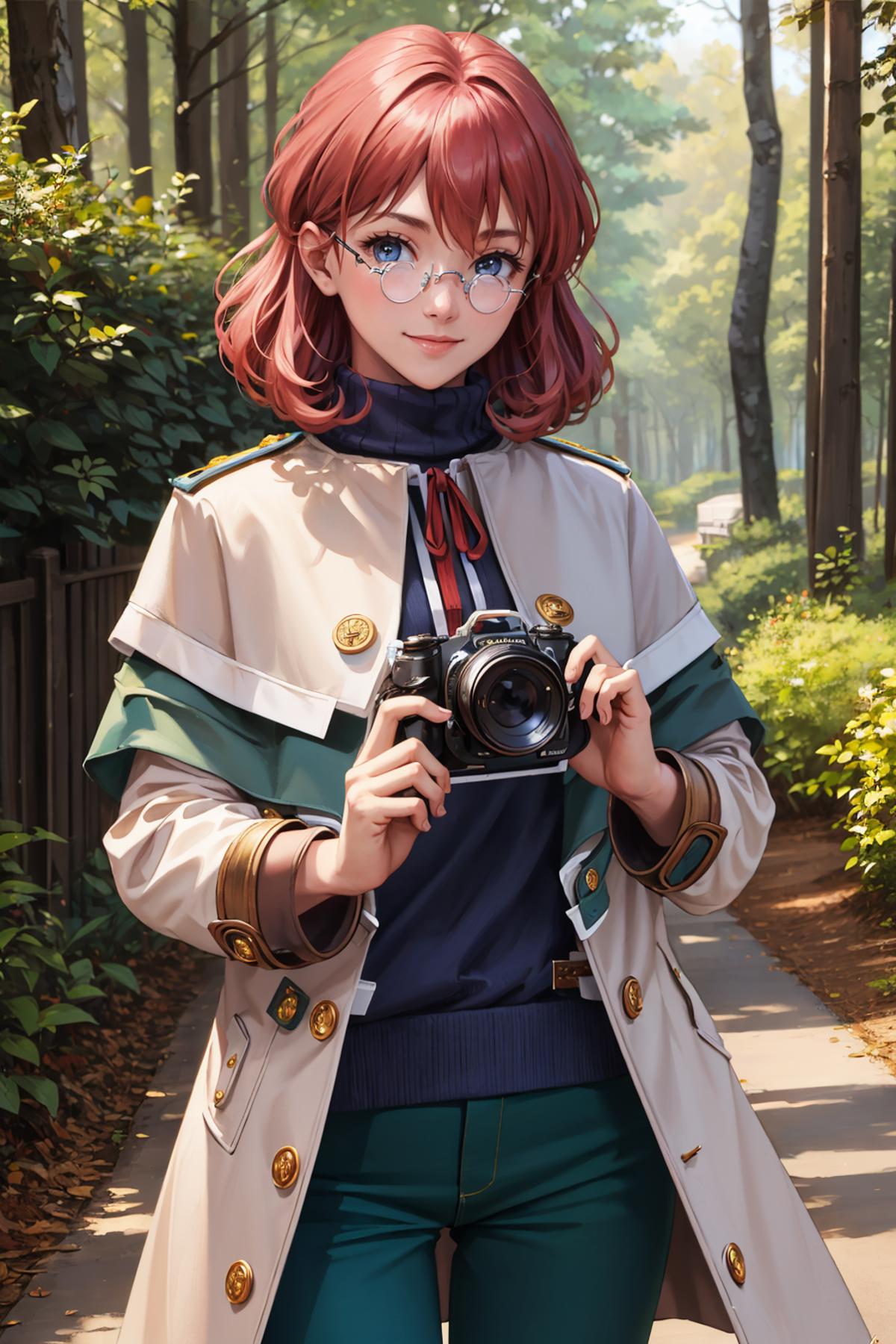 The image depicts a young woman wearing a white coat and holding a camera, standing on a sidewalk near a forest. She is posing for a picture, perhaps capturing a scenic moment or capturing her own image. The woman is wearing glasses and appears to be focused on her camera.