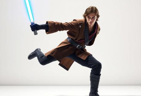 A cinematic photorealistic render of a person in a dynamic action pose, wearing a highly detailed Star Wars-themed costume. The costume features a brown jacket with a red and black sash, black pants, black gloves, and black boots. The textures are incredibly lifelike, showing fine stitching and fabric wear. In their right hand, a blue lightsaber glows intensely, casting captivating lighting on the figure and the environment. They stand against a stark, clean white wall background. Captured with impeccable composition using the Golden Ratio, a creative angle emphasizes the dramatic movement. This is a well-timed moment, rendered in high-res 4K with exceptional quality, lifelike details, super detailed face and eyes, handcrafted with precision. Rendered in the style of Octane Render and Unreal Engine 5, Trending on ArtstationHQ, CGSociety.