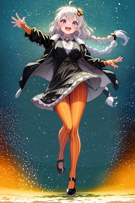 (masterpiece:1.5), best quality, (1girl, solo),
kizuna akari, 1girl, solo, orange pantyhose, long hair, braid, blue eyes, pantyhose, open mouth, white hair, dress, hair ornament, ahoge, jacket, twin braids, breasts, shoes, striped, black jacket, star (symbol), very long hair, gradient, black footwear, long sleeves, ass, striped pantyhose, :d, legs up, blush, bangs, full body, looking at viewer, medium breasts, orange gloves, large breasts, vertical-striped pantyhose <lora:KizunaAkari:0.65> ((((( outdoors,full body, dynamic pose)))))
<lora:GoodHands-beta2:0.8>