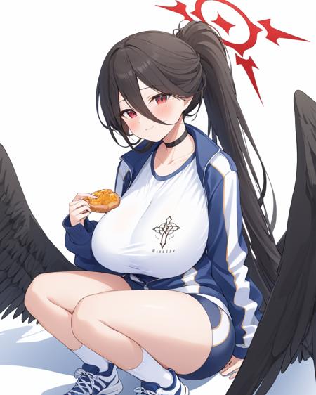 hasumi \(blue archive\),1girl, official_alternate_costume, gym_uniform, solo, halo, food, eating, white_background, blush, sitting, simple_background, large_breasts, blue_jacket, track_jacket, black_wings, white_shirt, black_choker, mole_under_eye, partially_unzipped, ponytail, holding, white_socks, sneakers, gym_shirt, long_sleeves, smile, buruma, closed_mouth, feathered_wings
<lora:hasumi_(blue_archive)_image2580_2023-11-26:1>halo. gorgeous,key visual, vibrant, studio anime,award-winning, professional, highly detailed,high budget, cinemascope