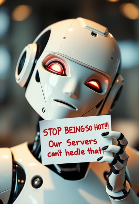 An advanced robot is winking in a seductive way, the robot it holding a paper written on it with a clear bold font in red "STOP BEING SO HOT!! Our Servers can't handle that!", highest quality, best details, epic quality, mesmerizing masterpiece.
(illustrations:1.3), (masterpiece:1.2), beautiful and aesthetic, depth of field, blurry, glistening skin
. 35mm photograph, film, bokeh, professional, 4k, highly detailed