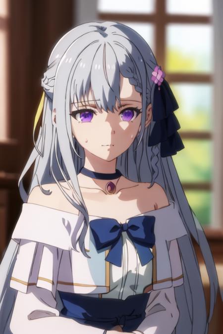 best quality, masterpiece, highres, solo, {euphyllia_magenta_tenseioujototensaireijounomahoukakumei:1.15}, purple_eyes, long_hair, bangs, grey_hair, braid, bow, blurry, hair_bow, hair_ornament, 1girl, bare_shoulders, blurry_background, choker, collarbone, dress, flower, hair_flower, off-shoulder_dress, off_shoulder, upper_body, blue_dress, breasts, hair_between_eyes, black_choker, cleavage, closed_mouth, hair_ribbon, ribbon, solo_focus, sweatdrop