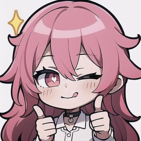 chibi emote, sparkle, ;q, >_o, tongue out, bangs, bright pupils, choker, closed mouth, pink eyes, hair between eyes, one eye closed, long hair, looking at viewer, multicolored hair, blue hair, pink hair, shirt, smile, thumbs up, white shirt, wink, 1girl, <lora:chibi_emote_v1:1>