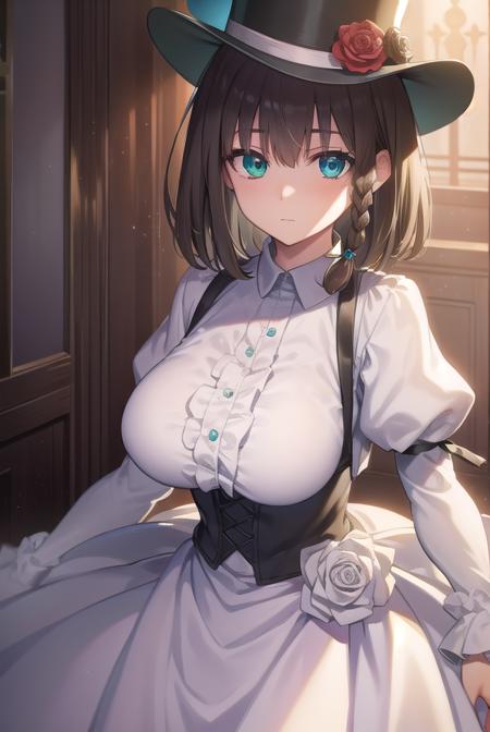 charlottecorday, <lyco:charlottecorday-lyco-nochekaiser:1>,
charlotte corday, braid, brown hair, (green eyes:1.5), short hair, side braid, (large breast:1.2),
BREAK hat, hat flower, juliet sleeves, long sleeves, puffy sleeves, (white dress:1.5), frills, top hat, black top hat,
BREAK looking at viewer,
BREAK indoors,
BREAK <lyco:GoodHands-beta2:1>, (masterpiece:1.2), best quality, high resolution, unity 8k wallpaper, (illustration:0.8), (beautiful detailed eyes:1.6), extremely detailed face, perfect lighting, extremely detailed CG, (perfect hands, perfect anatomy),