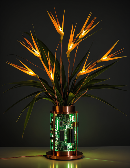 (TzigoCBS), a vibrant futuristic bouquet of flowers, heavily constructed from green and gold circuit board materials, copper wires as stems, twisted soldered traces, strelitzia-inspired blossoms made from angular PCB segments and glowing LED petals, capacitors and microchips integrated into each bloom, futuristic glass-and-metal vase with circuitry flowing into the base, glowing signal lines in all parts, photorealistic sci-fi floral arrangement, richly detailed, high-tech botanical fusion, cinematic lighting