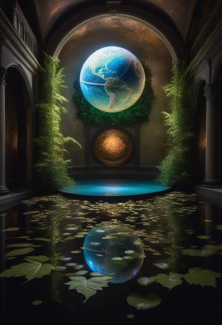 detailed earth globe floating with moon, water art, leaves and electric lights, in a gothic abandonned museum with pelnety of colorfull leaves on the walls , Intricate, Complex contrast, HDR, Sharp, soft Cinematic Volumetric lighting, flowery pastel colours, wide long shot, perfect masterpiece, artwork by Gabriel Dawe