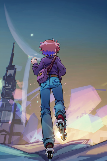 <lora:ScottPilgrim:1>ScottPilgrim Style, 1girl, solo, short hair, long sleeves, 1boy, full body, purple hair, male focus, red hair, sky, pants, bag, from behind, from below, denim, jeans, skates, roller skates, inline skates