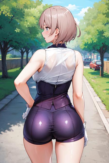 masterpiece, best quality, highres, mujina, solo, white gloves, necktie, purple shorts, short necktie, corset, purple necktie, light brown hair, short shorts, sleeveless, bangs, <lora:mujina_v2:0.7>, from behind, ass, standing, street, outdoors, surprised,