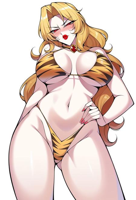 Score_9, Score_8_up, Score_7_up, Score_6_up, uncensored, BREAK,
Alicia Viewstroem is standing, hand on hip, cowboy photo, from below, legs apart.
1girl, mature woman, solo,
looking at viewer, determined, head tilt, blush, lips parted,
blonde hair, long hair, red eyes, lipstick,
jewel, bikini, (((tiger print)))
curves, big breasts, thighs,
beach,
<lora:Alicia Viewstroem3216PDXL:1>