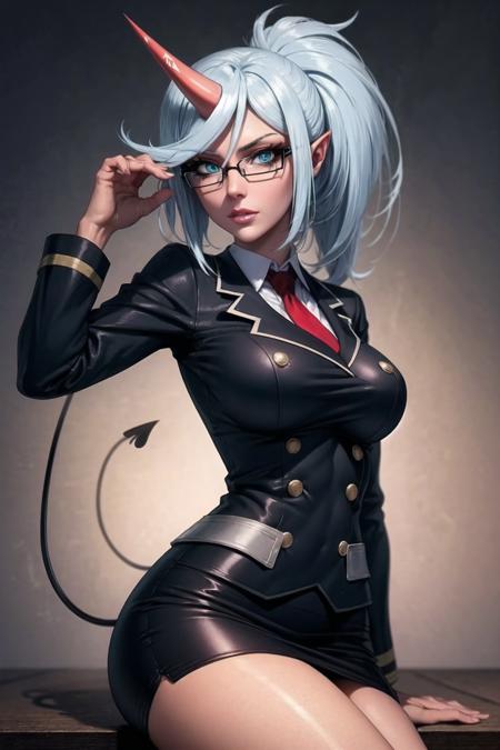 1girl,  psgkneesocks, demon_uniform, single_horn, necktie, glasses <lora:PSG_Kneesocks-09:1.0>, beautiful, (masterpiece:1.2), (best quality:1.2), perfect eyes, perfect face,