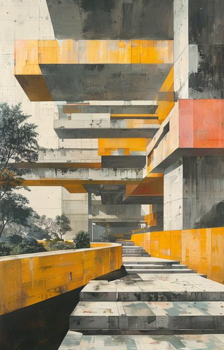 masterpiece,best quality,<lora:tbh311-sdxl:0.9>,illustration,designed by Rem Koolhaas Brutalist concrete university campus with geometric shapes and exposed materials