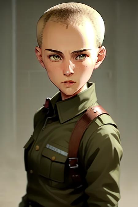 <lora:womanbuzzcut:1>, womanbuzzcut, photo of a pretty woman with (shaved head:1.3),  <lora:NationalistKuomintang_v10:0.6>, KUOMINTANGFEMALESPIES