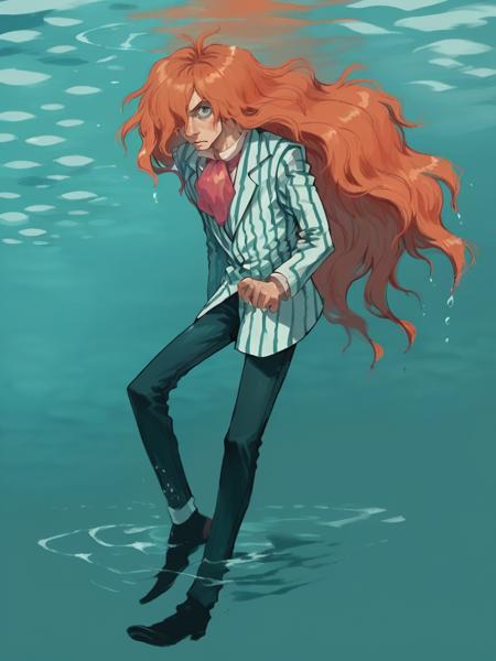 fujimoto, 1boy, long hair, solo, orange hair, striped, hair over one eye