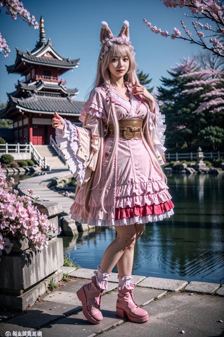 best quality, masterpiece, realistic, (photorealistic:1.4), 1girl, solo, full body, maho cosplay costume, cosplay, animal ears, pink boots, detailed background, outdoors, japanese garden, cherry blossoms, night,<lora:moha_cosplay_costume_v1:0.65>