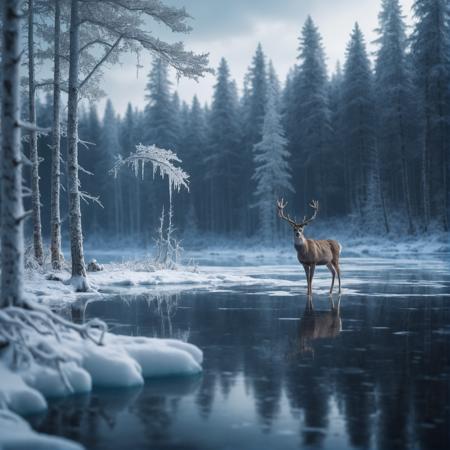 small lake surrounded by a frozen taiga forest, snow on the trees, winter, complex details, a deer near the water, masterpiece, nostalgic atmosphere, cinematographic lighting, sharp focus, 4k, photo, digital art, fantasy style